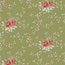 Floral pattern with red roses and green leaves on a green background