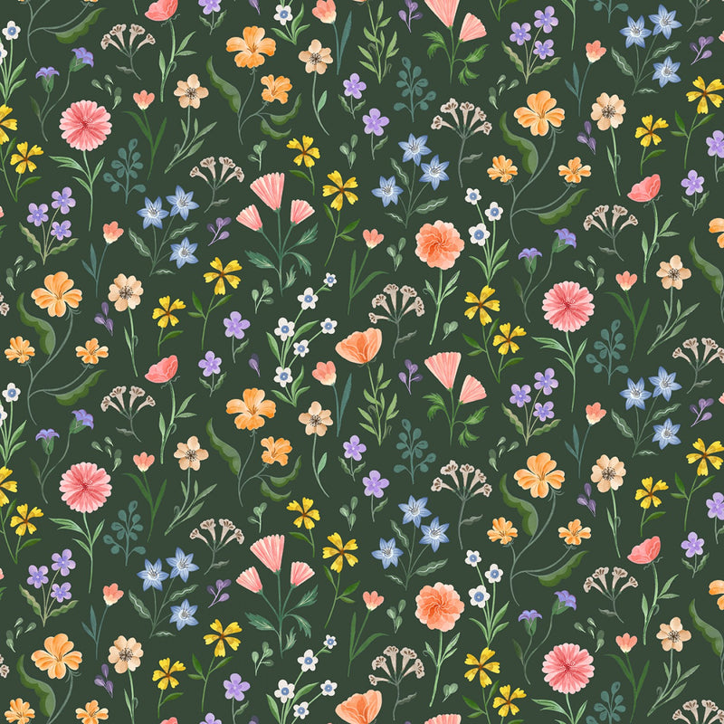 Cats in the Garden - Flower Field - Midnight Green