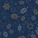 Hanukkah Lights - Tossed Dreidels and Stars of David - Navy