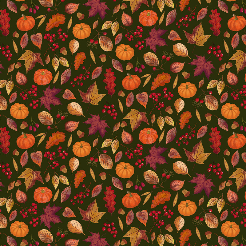 Harvest Minis - Leaf & Pumpkin Allover - Dark Green