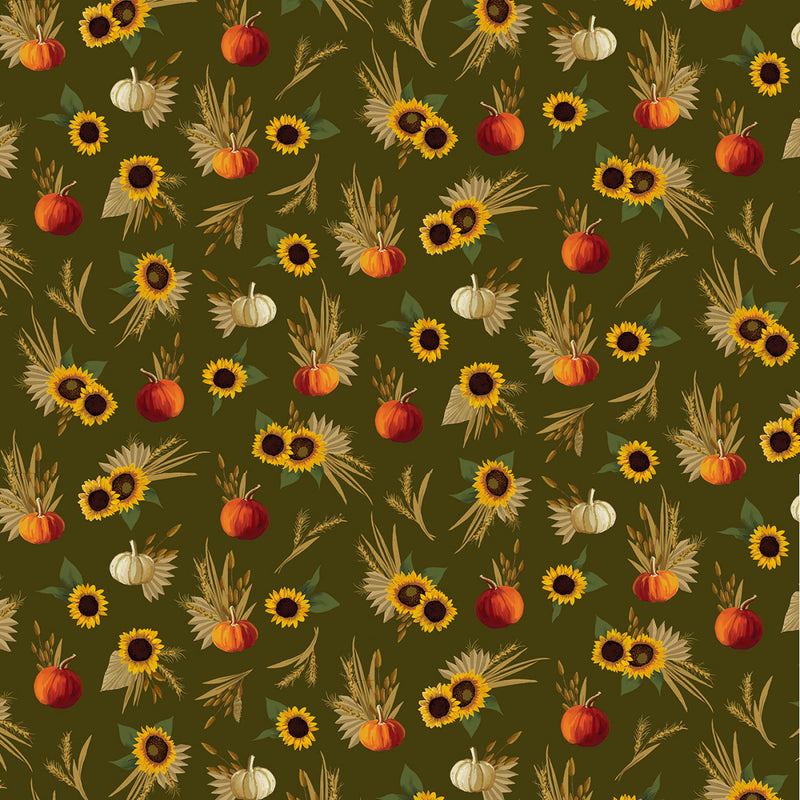 Harvest Minis - Sunflower & Pumpkin Allover - Dark Green