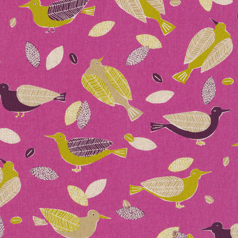 Sevenberry Cotton Flax Prints - Birds - Berry