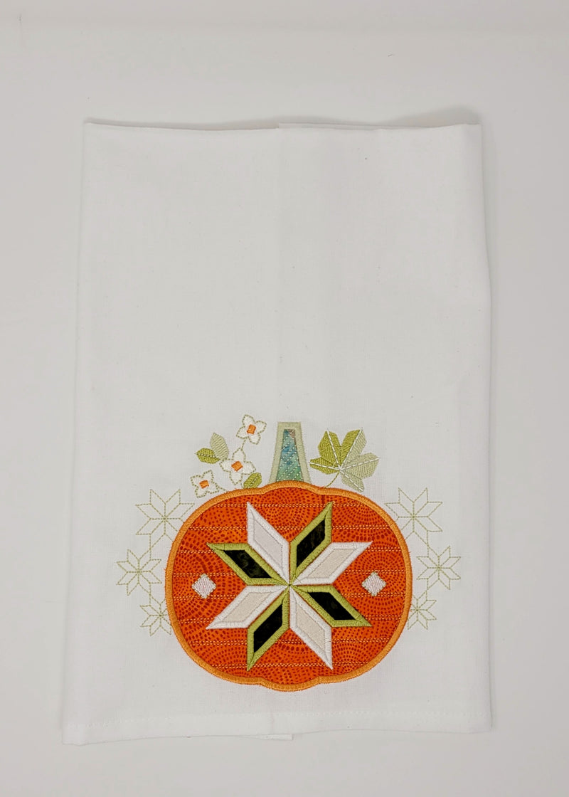 Quilt Block Pumpkin Embroidered Dish Towel
