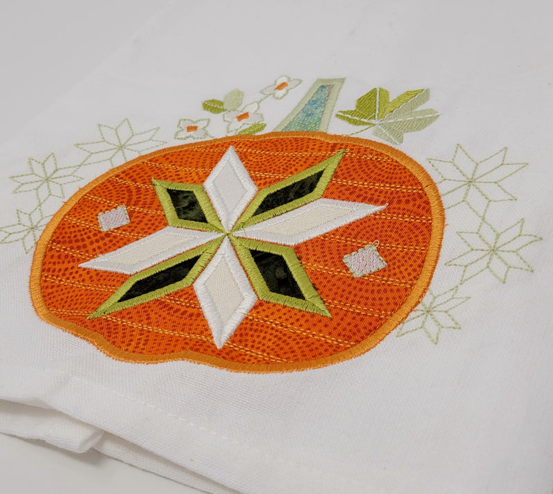 Quilt Block Pumpkin Embroidered Dish Towel